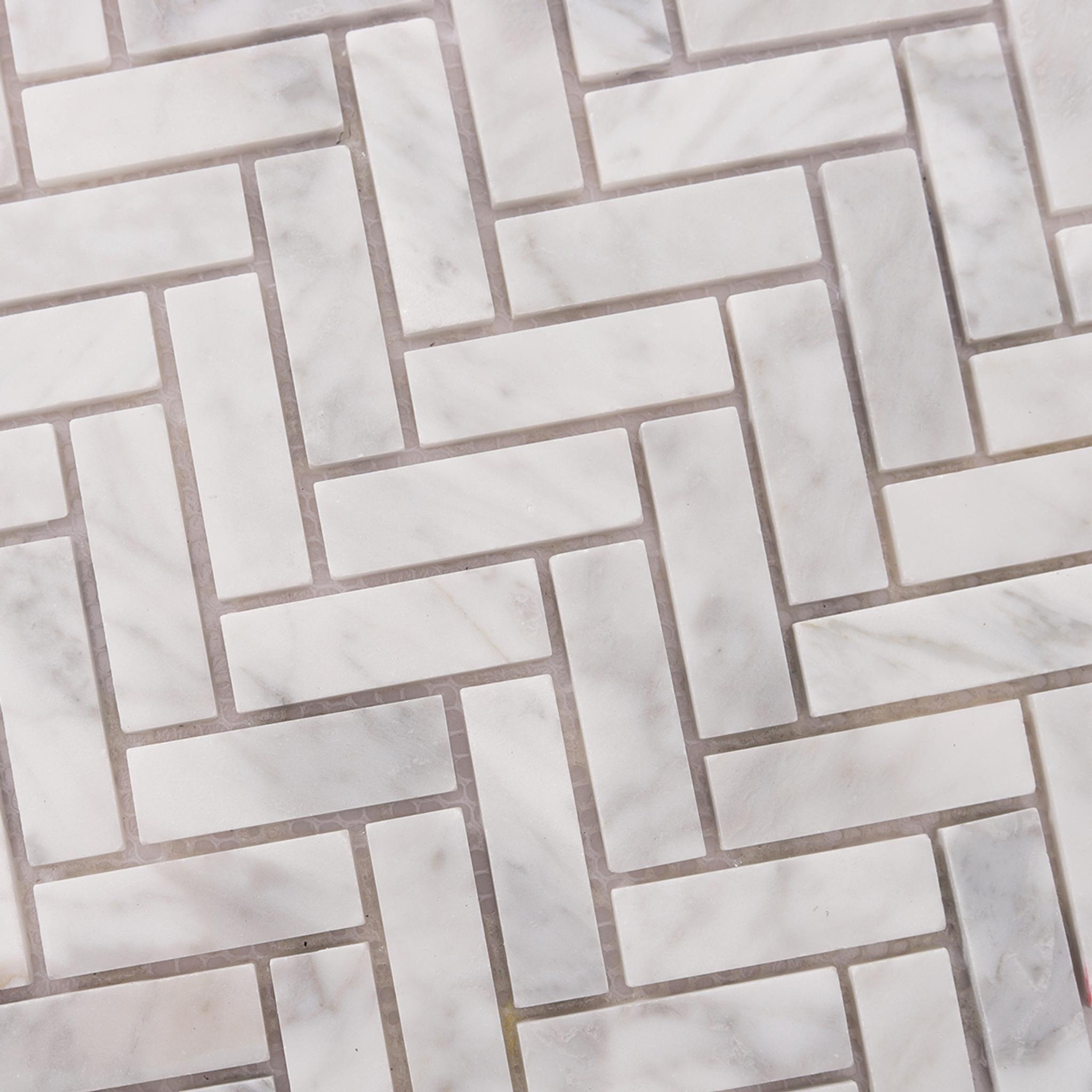 Carrara White Herringbone Polished Marble Mosaic — mosaic xương cá bằng đá marble trắng Carrara