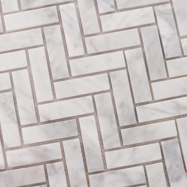 Carrara White Herringbone Polished Marble Mosaic — mosaic xương cá bằng đá marble trắng Carrara