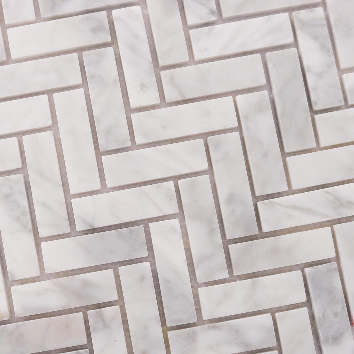 Carrara White Herringbone Polished Marble Mosaic — mosaic xương cá bằng đá marble trắng Carrara