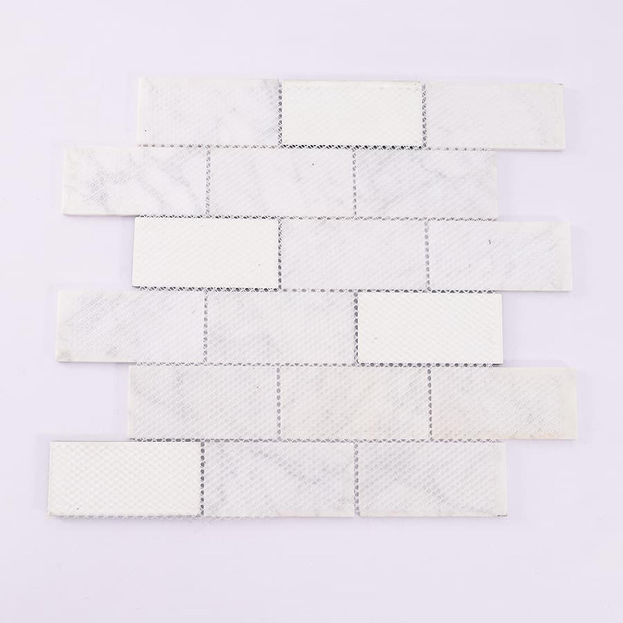 White Marble and Green Glass Mosaic Brick Subway Tile — mosaic subway (gạch thẻ) bằng đá marble trắng & xanh lục