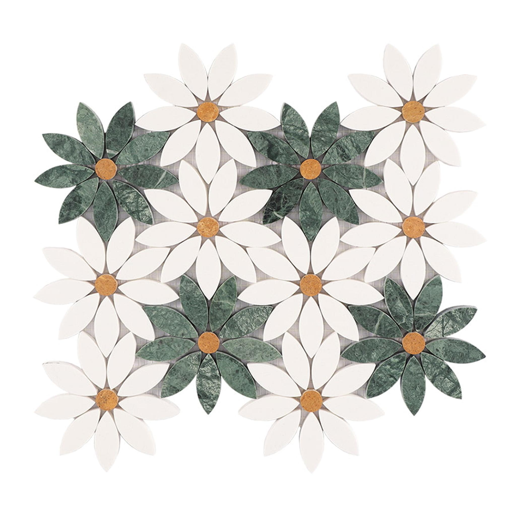 Empress Green and White Daisy Flower Marble Mosaic Tile — mosaic hoa văn waterjet bằng đá marble trắng & xanh lục