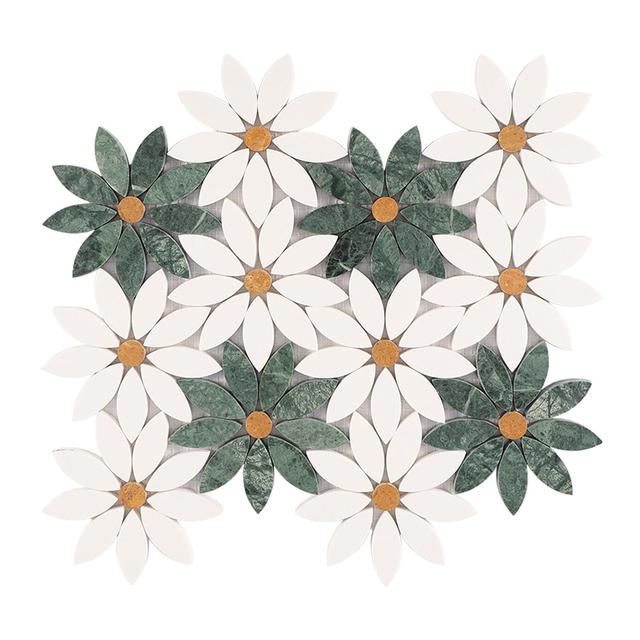 Empress Green and White Daisy Flower Marble Mosaic Tile — mosaic hoa văn waterjet bằng đá marble trắng & xanh lục