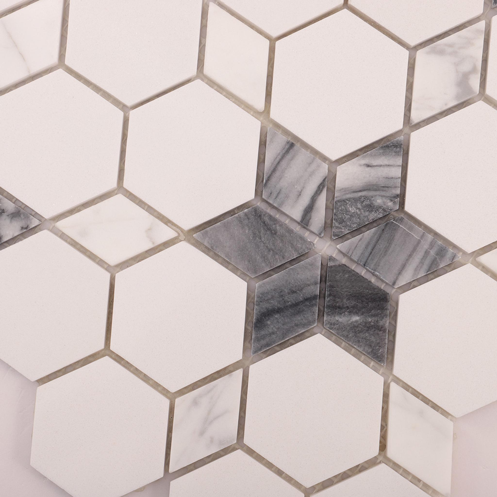 Hexagon White and Gray Marble Mosaic Tiles — mosaic lục giác bằng đá marble trắng & xám