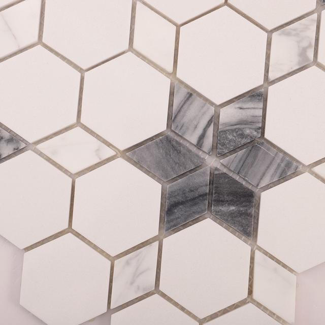 Hexagon White and Gray Marble Mosaic Tiles — mosaic lục giác bằng đá marble trắng & xám