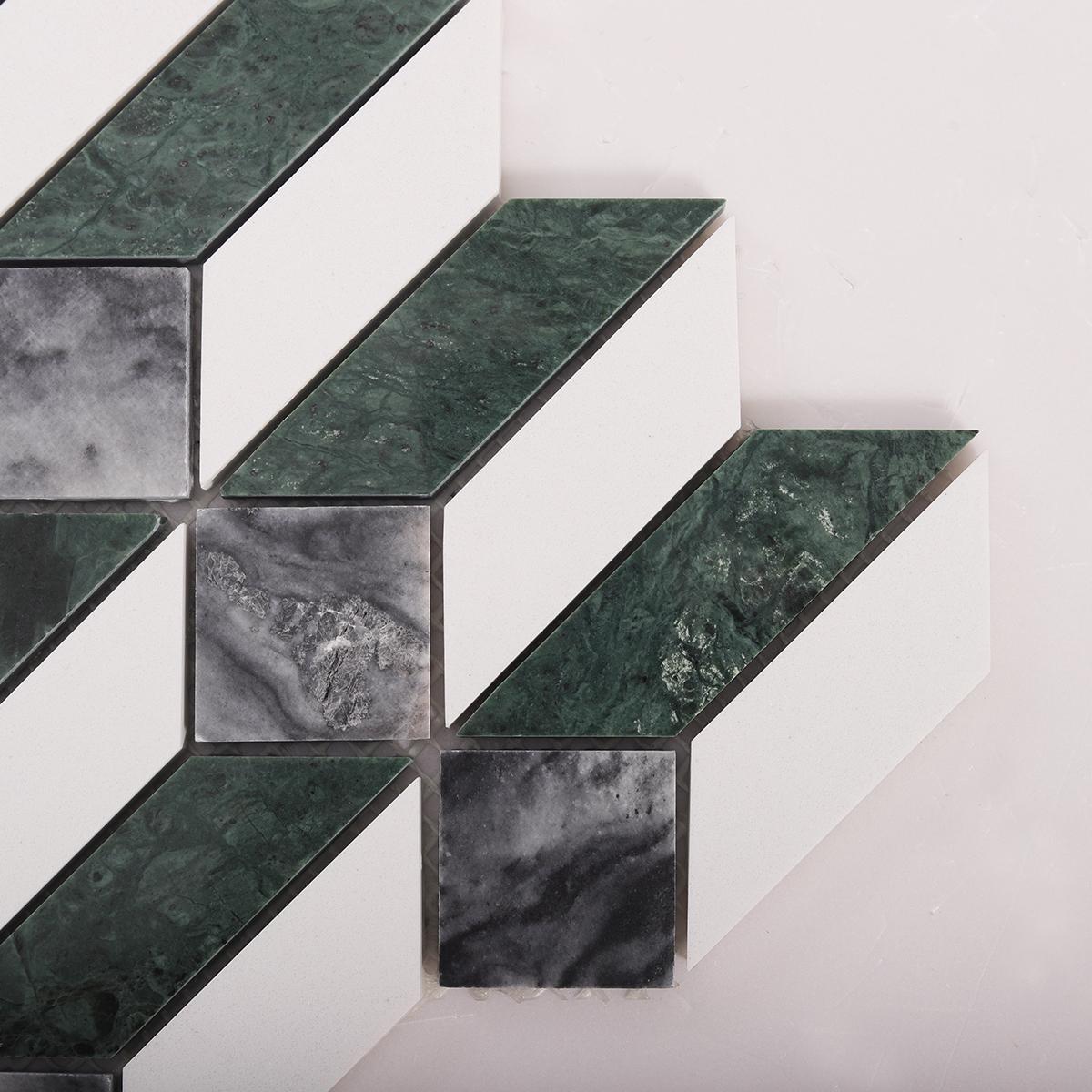 Green and White Picket Marble Mosaic Tiles — mosaic ghép nghệ thuật bằng đá marble trắng & xanh lục