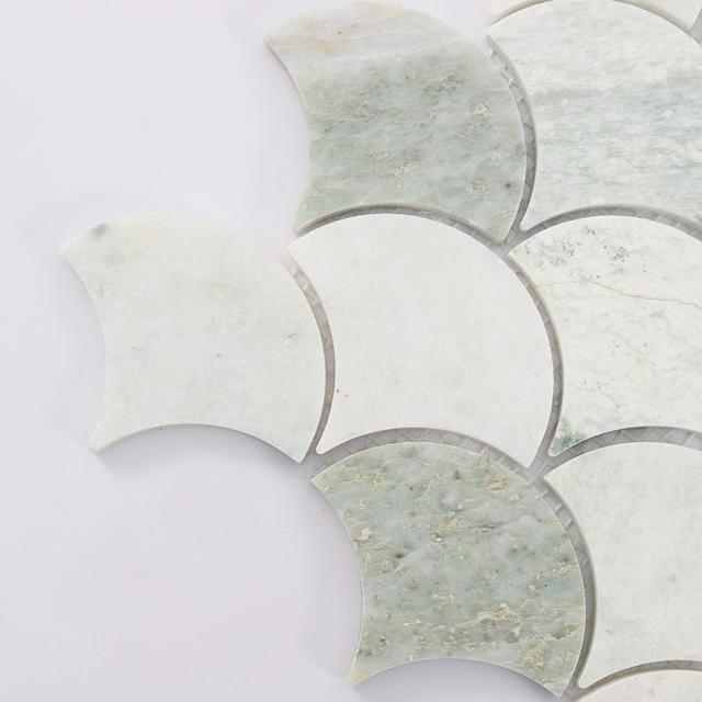 Green Fish Scale Marble Mosaic Shower Wall Tile — mosaic vảy cá (fish scale) bằng đá marble xanh lục