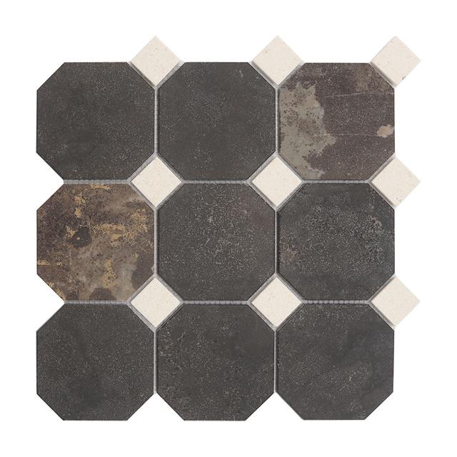 Dark Brown Octagon Marble Mosaic Tile with White Dot Inserts — mosaic ghép nghệ thuật bằng đá marble trắng & nâu