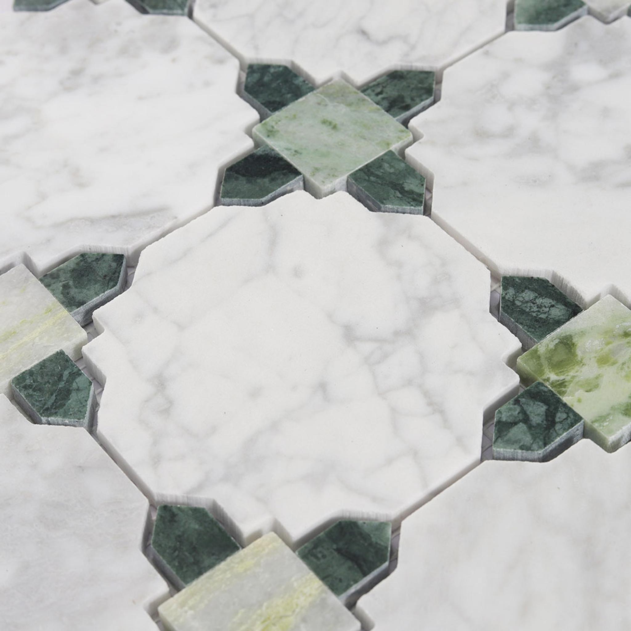 White and Green Marble Geometric Tile Kitchen Backsplash Mosaic — mosaic ghép nghệ thuật bằng đá marble trắng & xanh lục