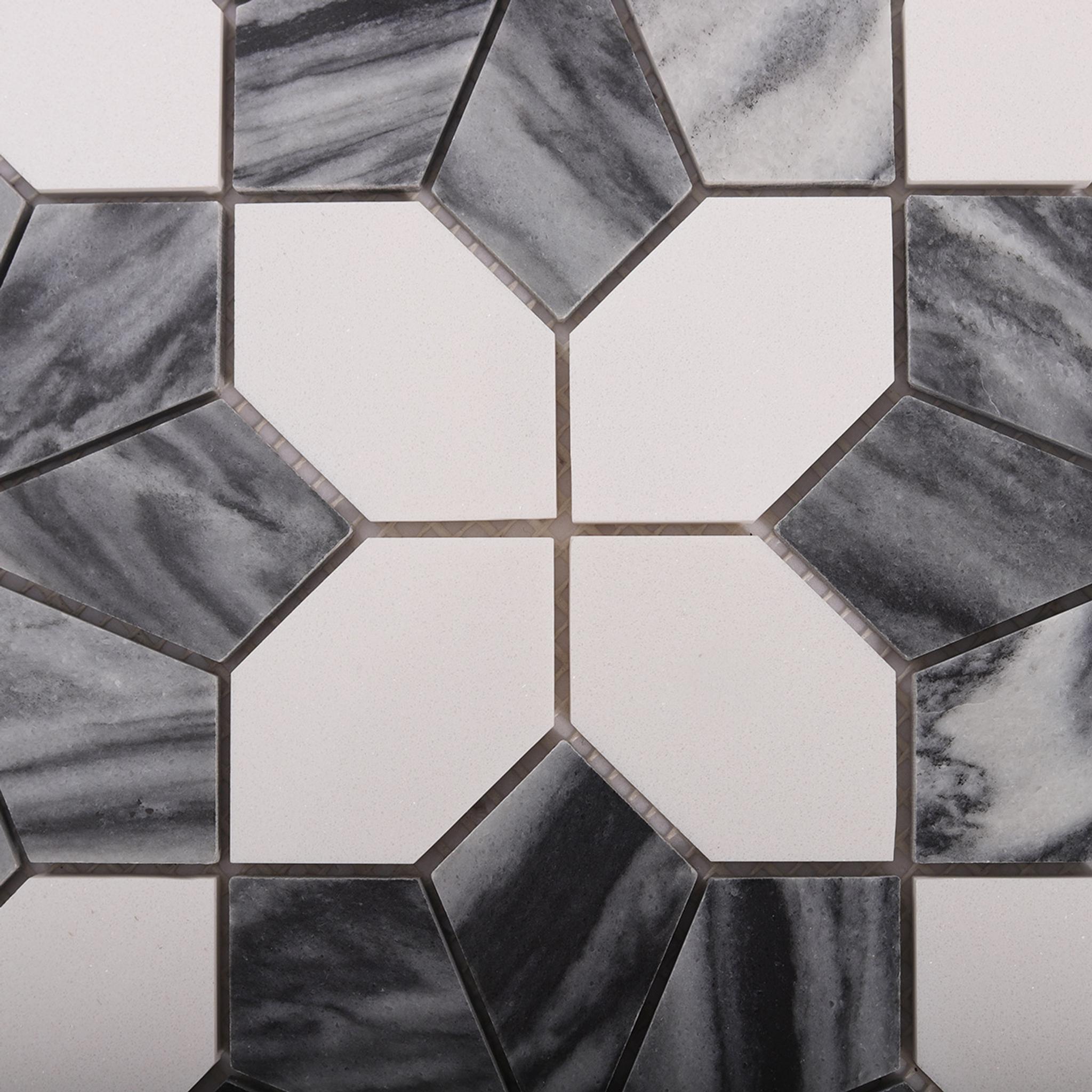 Gray and White Floral Marble Mosaic Tile with Gold Accent — mosaic hoa văn waterjet bằng đá marble trắng & vàng