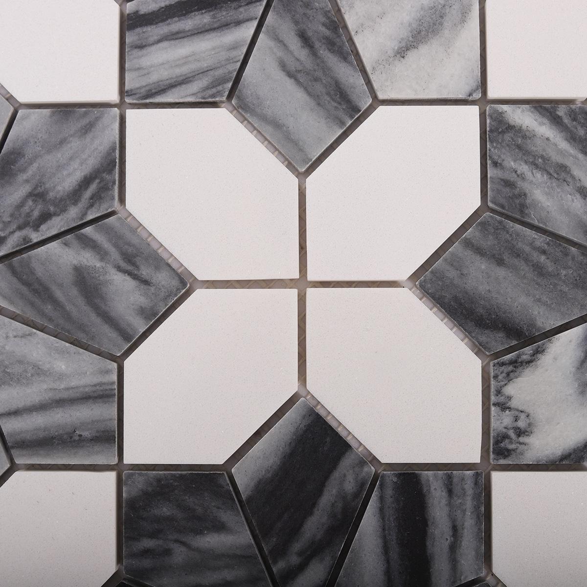 Gray and White Floral Marble Mosaic Tile with Gold Accent — mosaic hoa văn waterjet bằng đá marble trắng & vàng