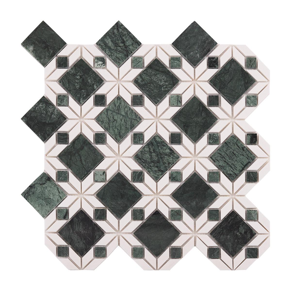 Green and White Marble Flower Mosaic Tiles — mosaic hoa văn waterjet bằng đá marble trắng & xanh lục