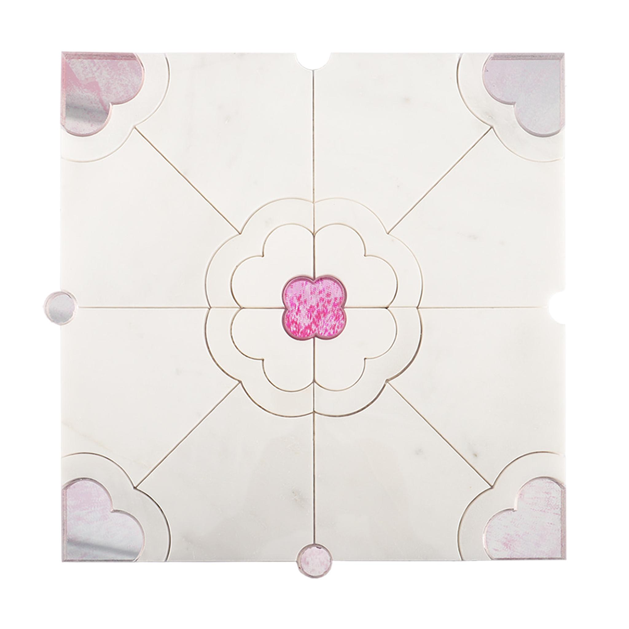 White Marble  Pink Quatrefoil Flower Waterjet Tile — mosaic hoa văn waterjet bằng đá marble trắng & hồng