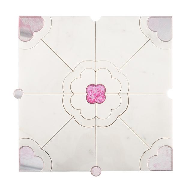 White Marble  Pink Quatrefoil Flower Waterjet Tile — mosaic hoa văn waterjet bằng đá marble trắng & hồng
