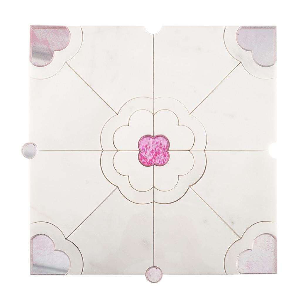 White Marble Pink Quatrefoil Flower Waterjet Tile — mosaic hoa văn waterjet bằng đá marble trắng & hồng
