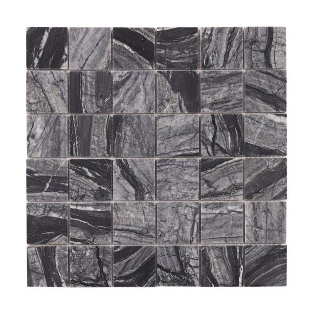 Square Marble Mosaic Tiles — Mosaic vuông marble xám–đen vân sóng bạc — Rochelle Rochelle Stone