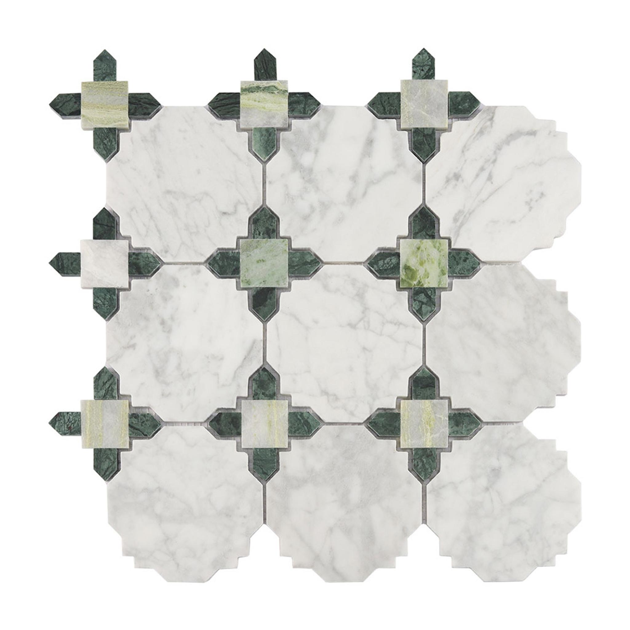 White and Green Marble Geometric Tile Kitchen Backsplash Mosaic — mosaic ghép nghệ thuật bằng đá marble trắng & xanh lục