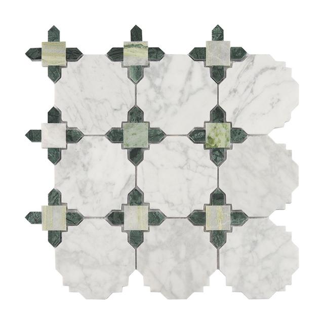 White and Green Marble Geometric Tile Kitchen Backsplash Mosaic — mosaic ghép nghệ thuật bằng đá marble trắng & xanh lục