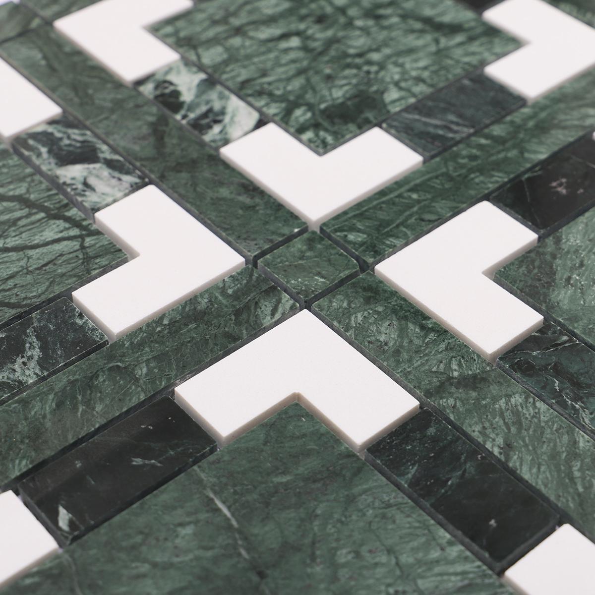 Green and White Geometric Polished Marble Tiles — mosaic ghép nghệ thuật bằng đá marble trắng & xanh lục