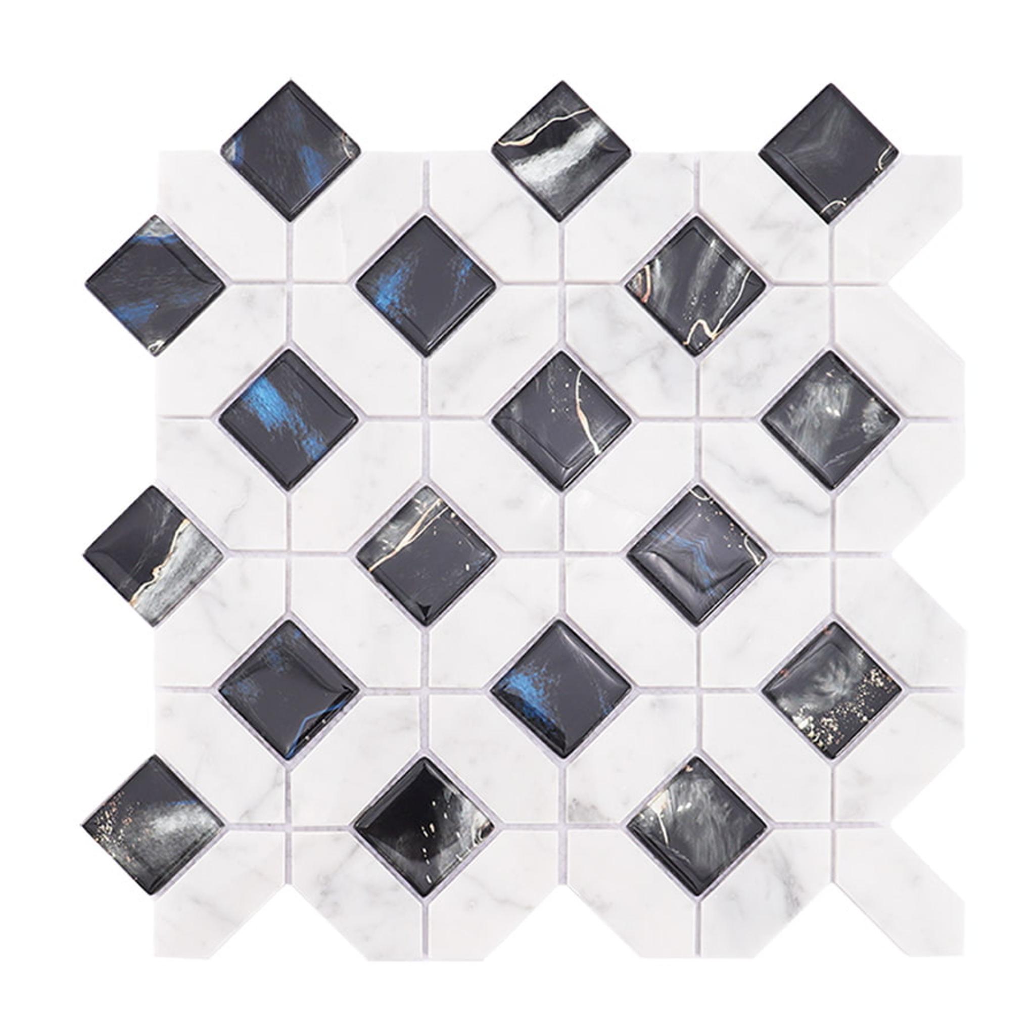 White Marble Black Glass Picket Square Mosaic Tile for Wall — mosaic vuông bằng đá marble đen & trắng