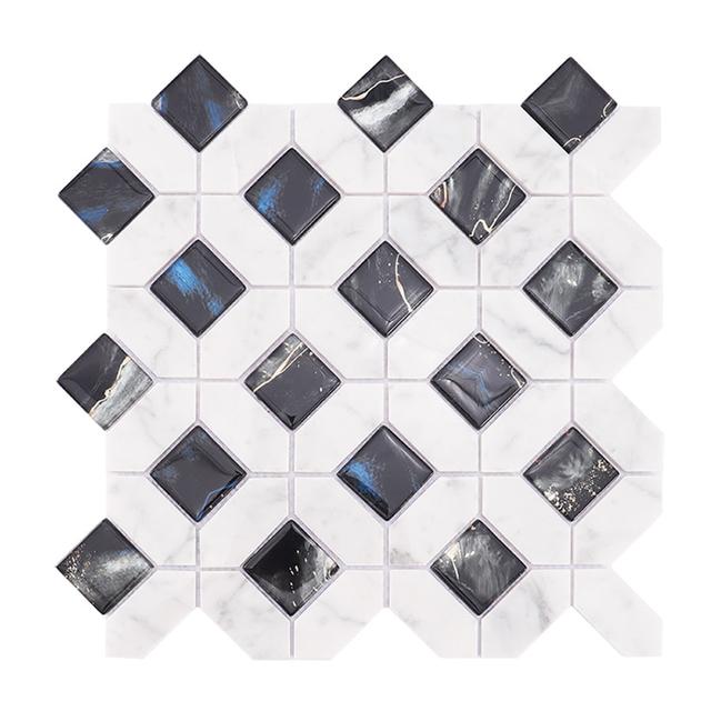 White Marble Black Glass Picket Square Mosaic Tile for Wall — mosaic vuông bằng đá marble đen & trắng