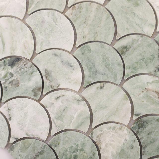 Emerald Green Marble Fish Scale Mosaic Tiles — mosaic vảy cá (fish scale) bằng đá marble xanh lục