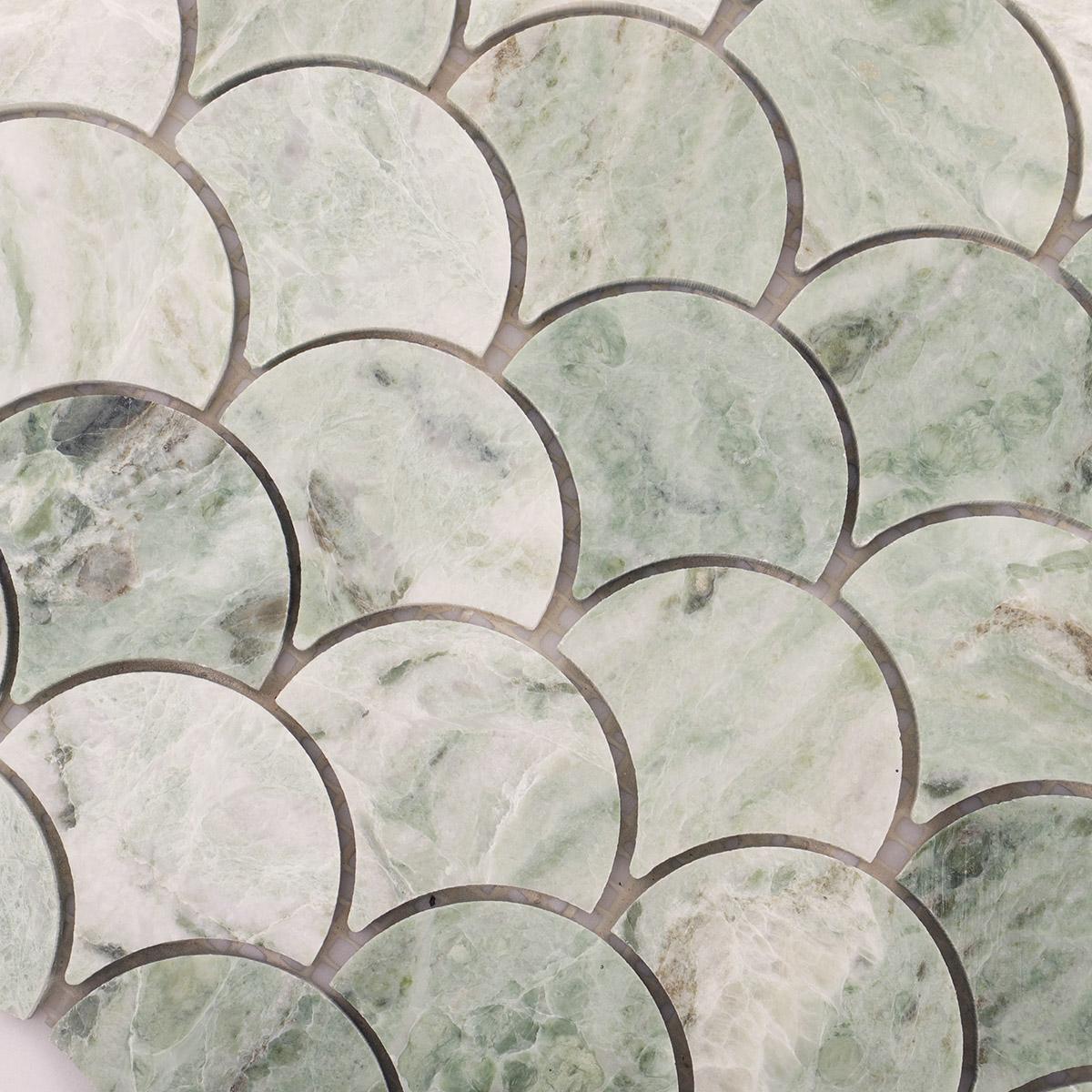 Emerald Green Marble Fish Scale Mosaic Tiles — mosaic vảy cá (fish scale) bằng đá marble xanh lục