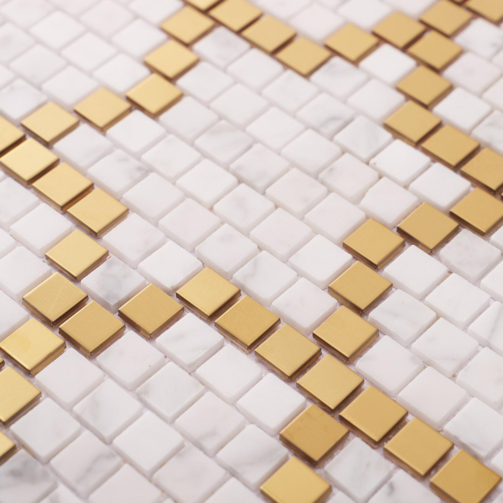 White and Gold Pattern Mosaic Tile Pixel Art — mosaic ghép nghệ thuật bằng đá marble trắng & vàng