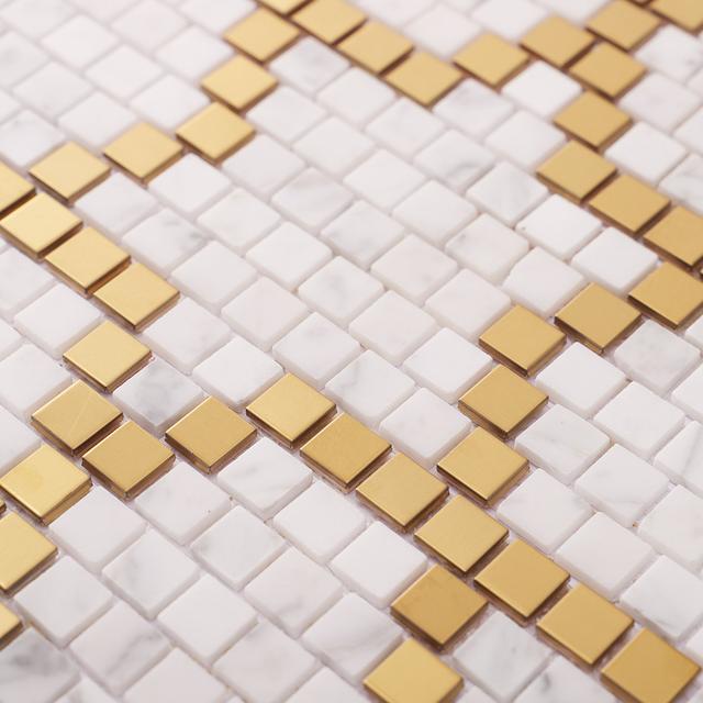 White and Gold Pattern Mosaic Tile Pixel Art — mosaic ghép nghệ thuật bằng đá marble trắng & vàng