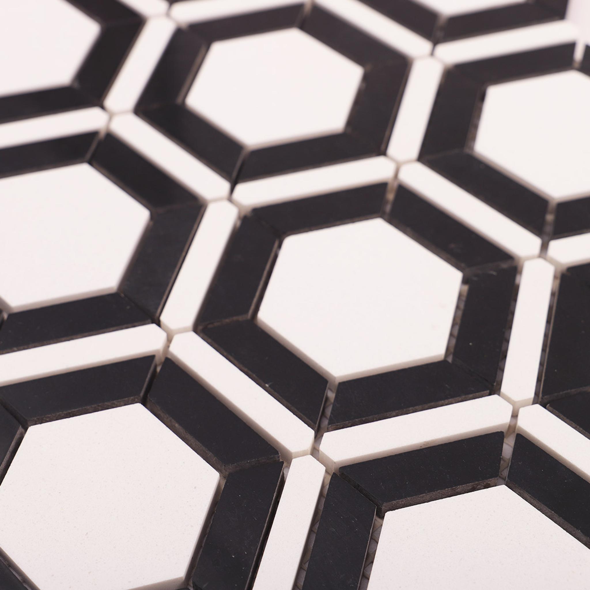 Black and White Hexagon Carrara Marble Mosaic Tile — mosaic lục giác bằng đá marble đen & trắng