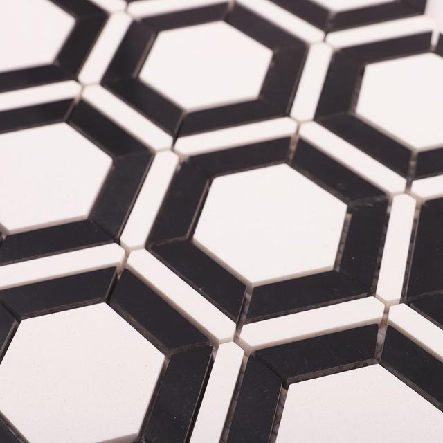 Black and White Hexagon Carrara Marble Mosaic Tile — mosaic lục giác bằng đá marble đen & trắng