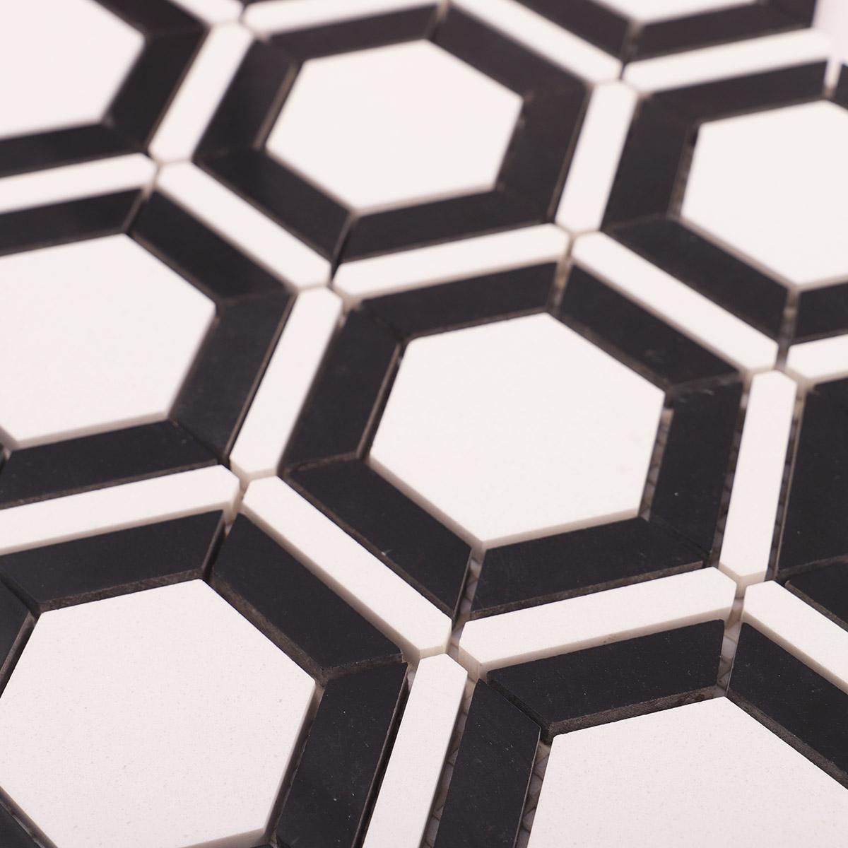 Black and White Hexagon Carrara Marble Mosaic Tile — mosaic lục giác bằng đá marble đen & trắng