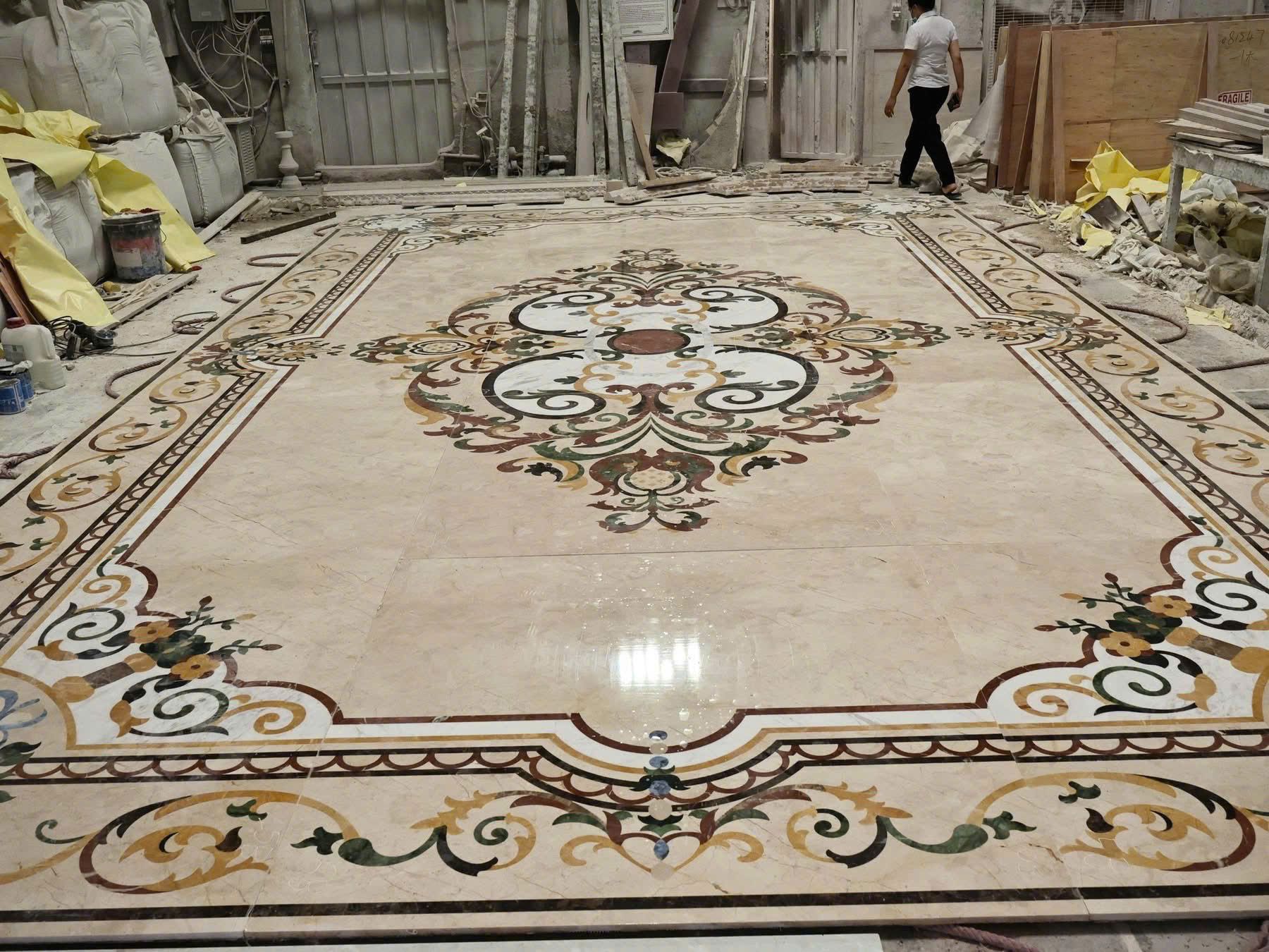 Sàn đá hoa văn (waterjet) — Marble đa màu (khảm)