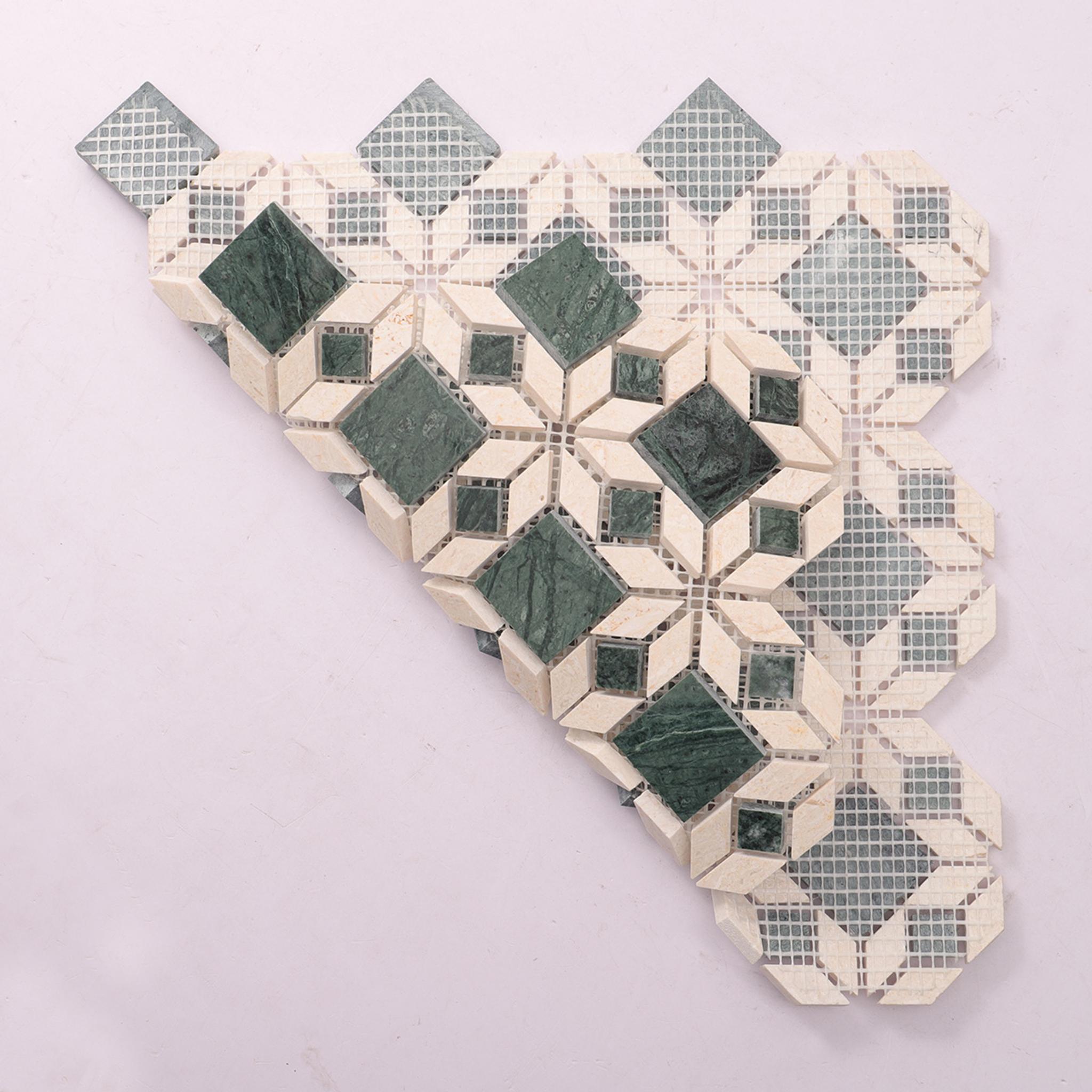 Green and Beige Marble Flower Mosaic Natural Stone Tiles — mosaic hoa văn waterjet bằng đá marble xanh lục & beige