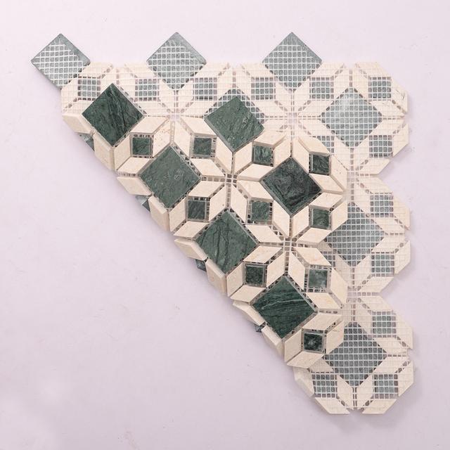 Green and Beige Marble Flower Mosaic Natural Stone Tiles — mosaic hoa văn waterjet bằng đá marble xanh lục & beige