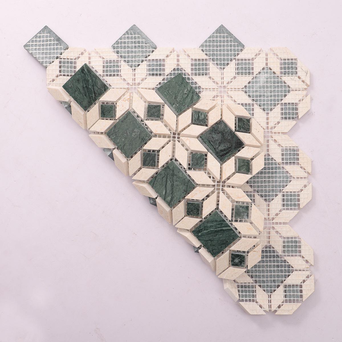 Green and Beige Marble Flower Mosaic Natural Stone Tiles — mosaic hoa văn waterjet bằng đá marble xanh lục & beige