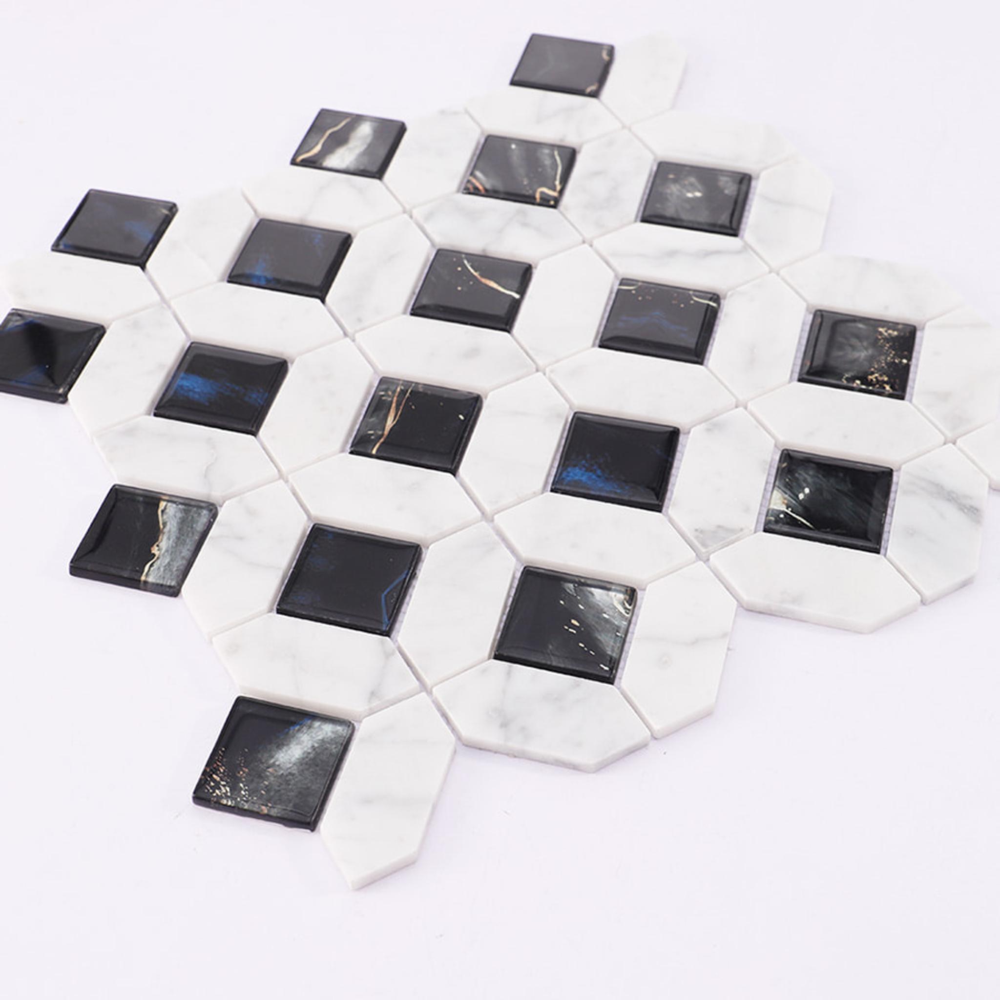 White Marble Black Glass Picket Square Mosaic Tile for Wall — mosaic vuông bằng đá marble đen & trắng