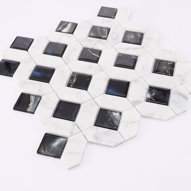 White Marble Black Glass Picket Square Mosaic Tile for Wall — mosaic vuông bằng đá marble đen & trắng