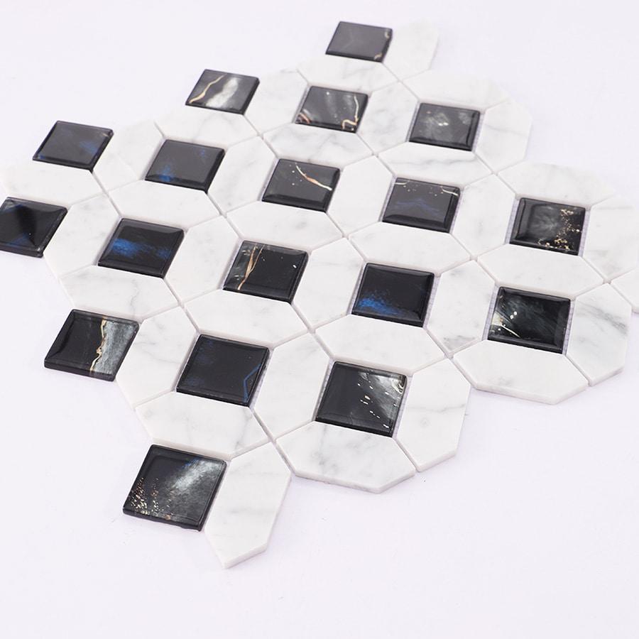White Marble Black Glass Picket Square Mosaic Tile for Wall — mosaic vuông bằng đá marble đen & trắng