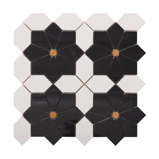 White and Black Geometric Floral Marble Mosaic Tiles — mosaic hoa văn waterjet bằng đá marble đen & trắng