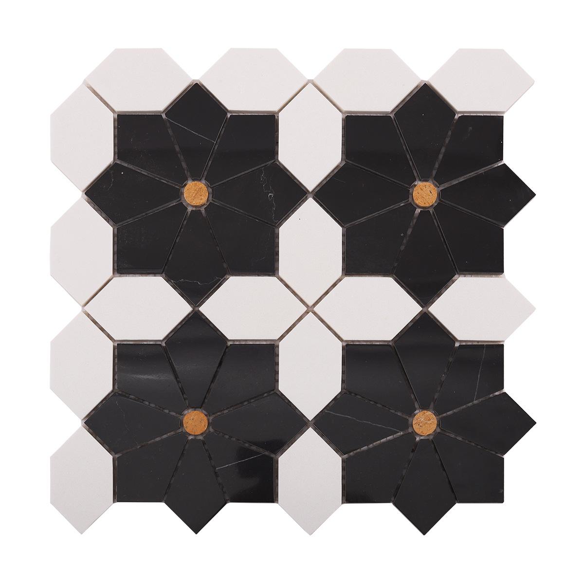 White and Black Geometric Floral Marble Mosaic Tiles — mosaic hoa văn waterjet bằng đá marble đen & trắng