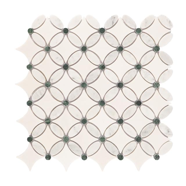 White and Green Floral Marble Floor Tile — mosaic hoa văn waterjet bằng đá marble trắng & xanh lục