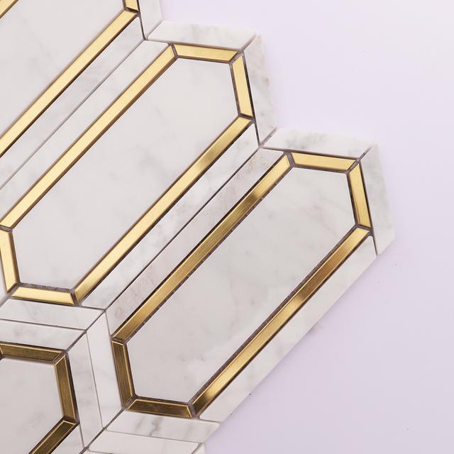White and Gold Metal Border Picket Marble Tile — mosaic ghép nghệ thuật bằng đá marble trắng & vàng
