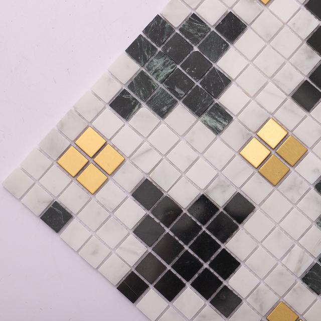 Green White Mix Gold Marble Metal Square Mosaic Tiles — mosaic vuông bằng đá marble trắng & xanh lục