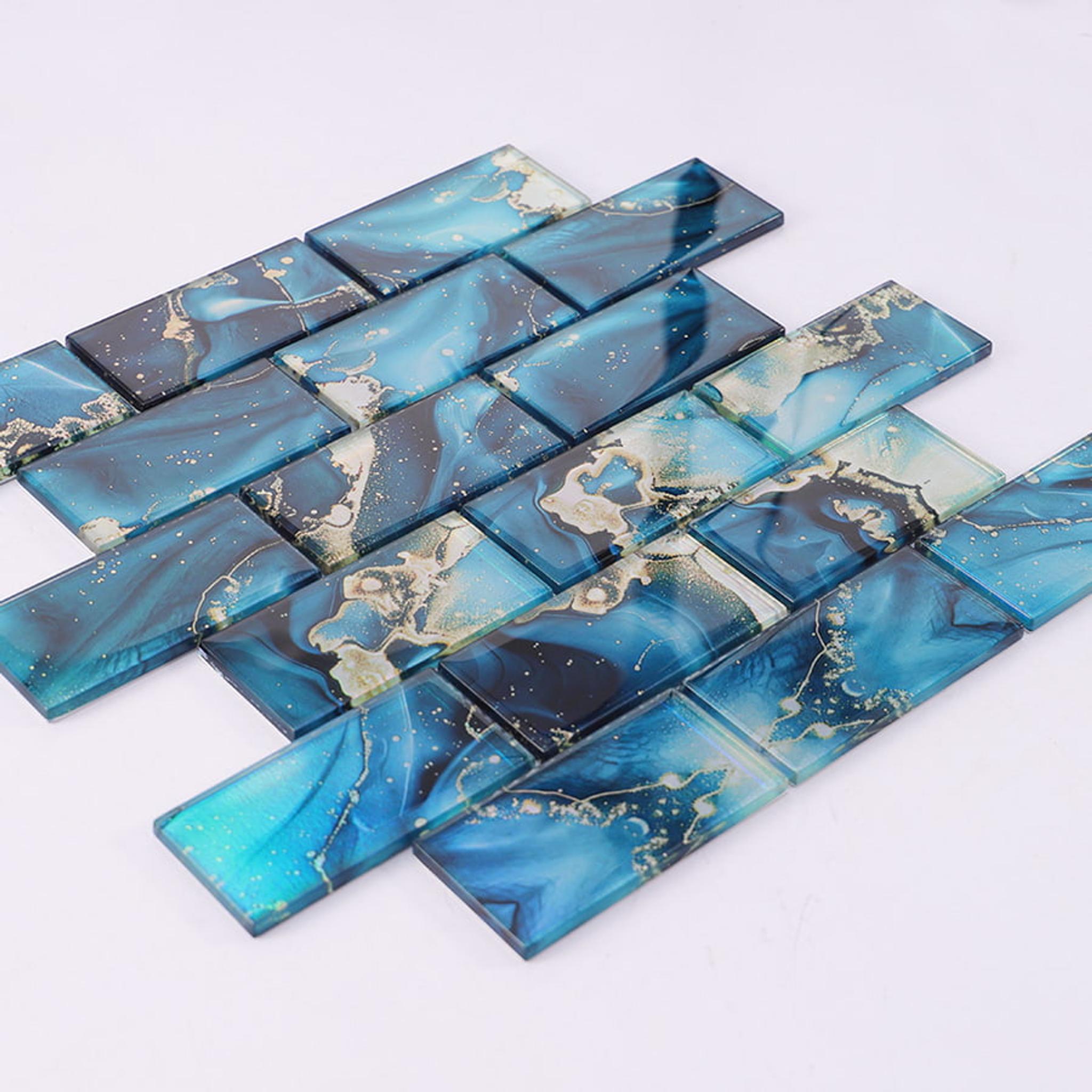 Blue Rectangular Subway Onyx Glass Mosaic Tile — mosaic subway (gạch thẻ) bằng đá onyx xanh dương