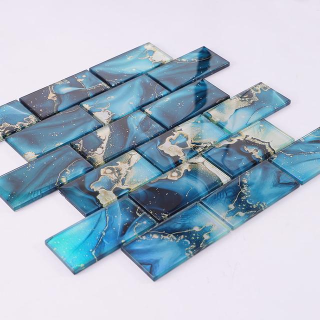 Blue Rectangular Subway Onyx Glass Mosaic Tile — mosaic subway (gạch thẻ) bằng đá onyx xanh dương