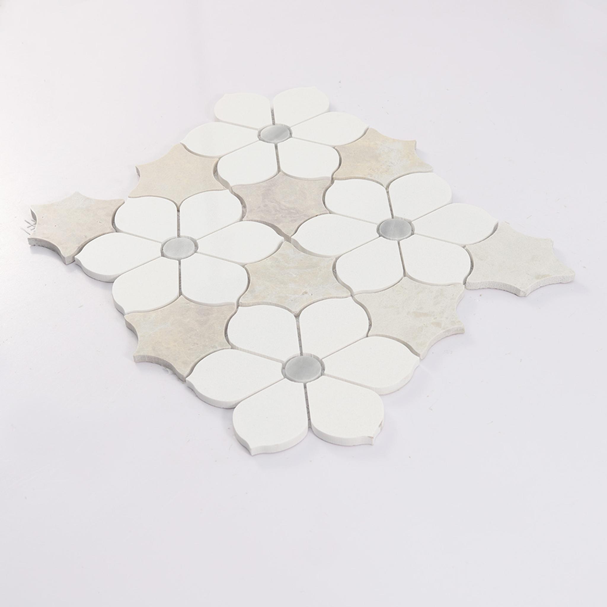 White Beige Floral Marble Mosaic Tile for Elegant Bathroom Walls — mosaic hoa văn waterjet bằng đá marble trắng & beige