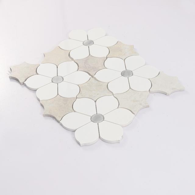 White Beige Floral Marble Mosaic Tile for Elegant Bathroom Walls — mosaic hoa văn waterjet bằng đá marble trắng & beige