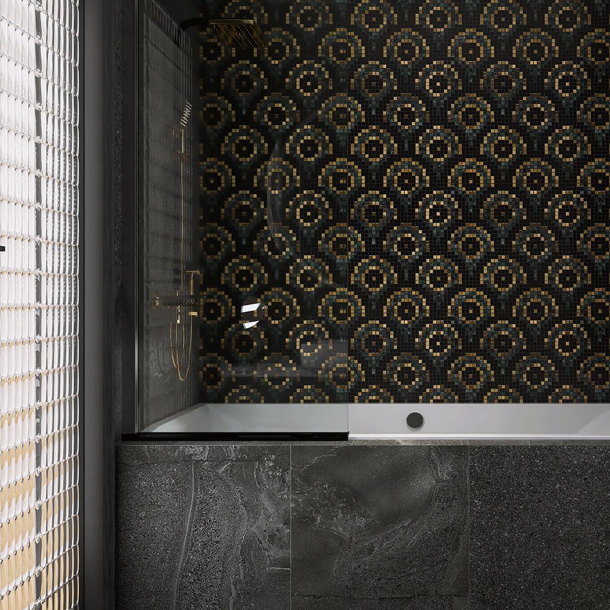 Metal and Marble Mosaic Tiles Pixel Fish Scale Pattern — mosaic vảy cá (fish scale) bằng đá marble tự nhiên