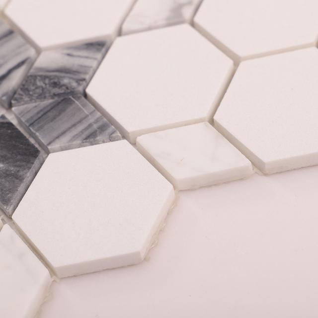 Hexagon White and Gray Marble Mosaic Tiles — mosaic lục giác bằng đá marble trắng & xám