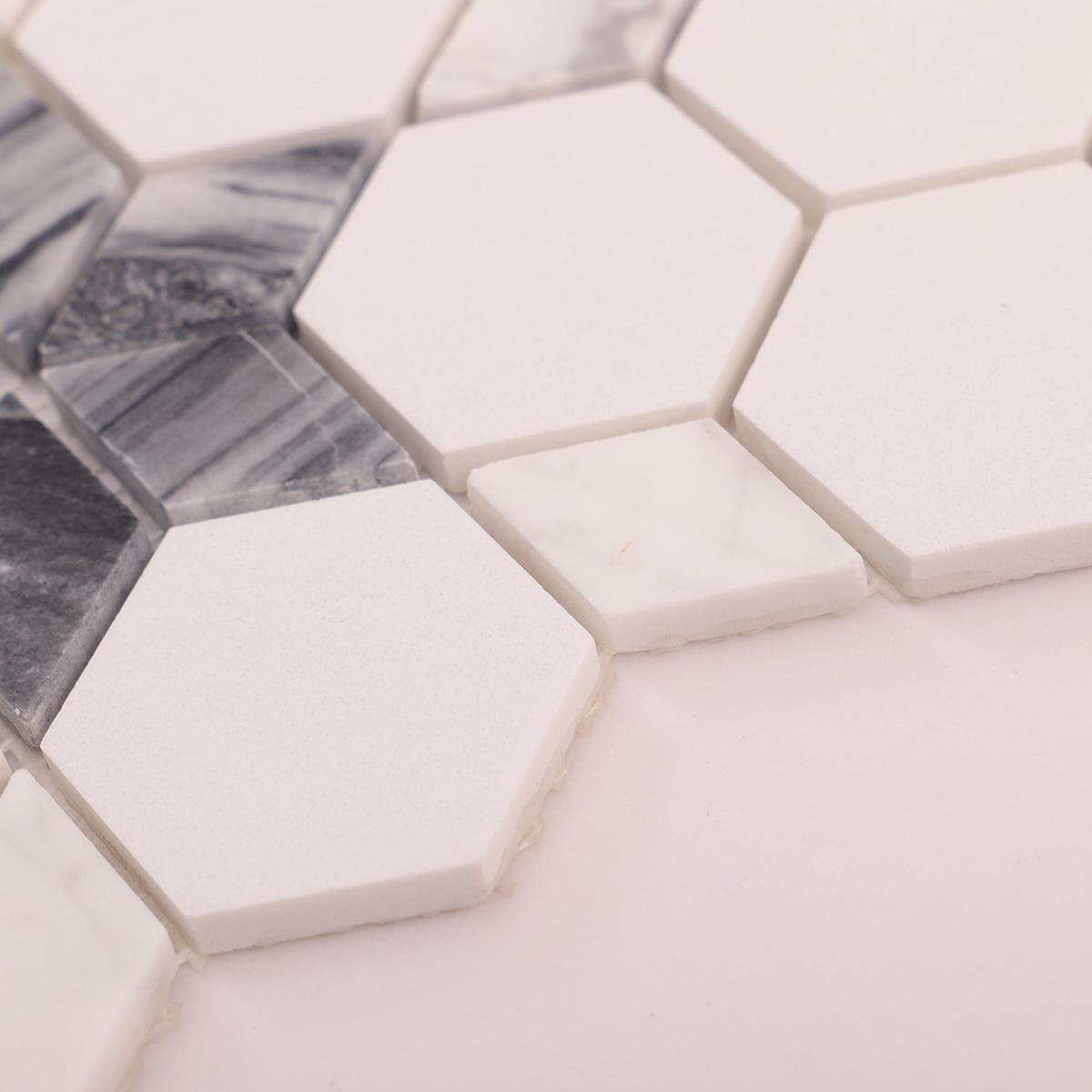 Hexagon White and Gray Marble Mosaic Tiles — mosaic lục giác bằng đá marble trắng & xám